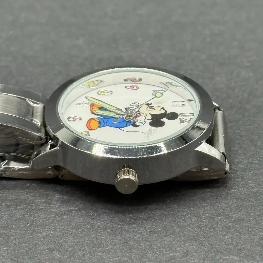 Mickey Mouse Watch Stainless Steel Link Bracelet Silver Tone White Character